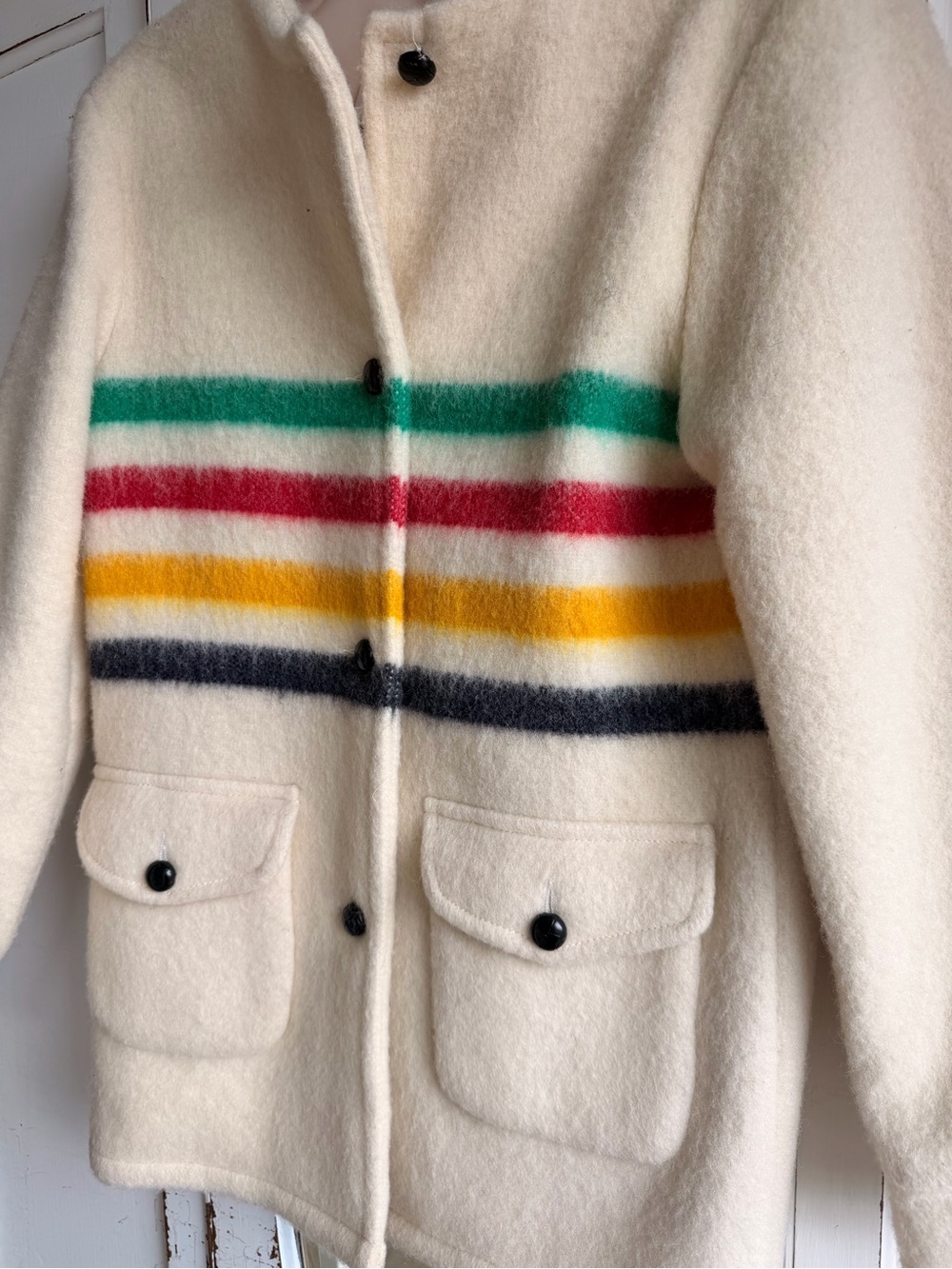 Vintage HBC Cream Wool Coat with Colorful Stripes - Picture 2 of 6
